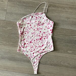 Open Edit White & Pink One Shoulder Thong Bodysuit Size Small
